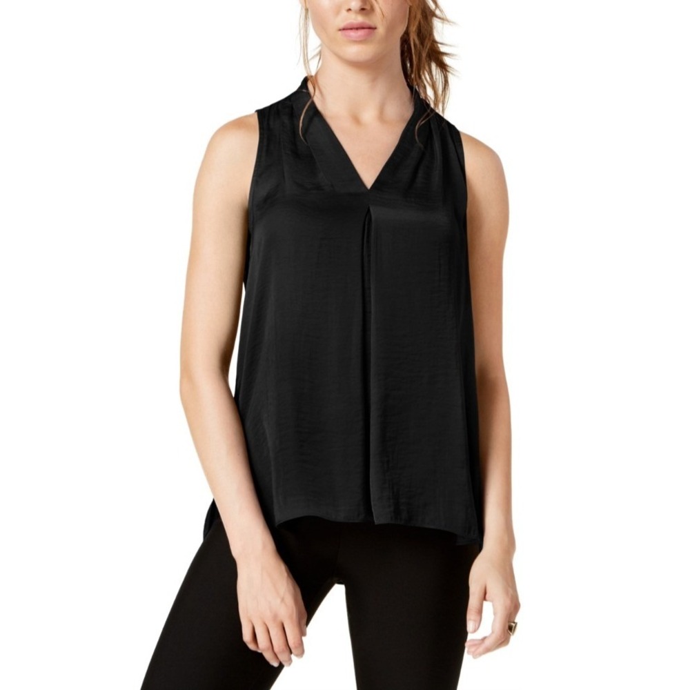 Vince Camuto Black Sleeveless Split V-Neck Pleat Front Blouse Plus Size 1X NWT
